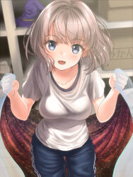 1girl blue_eyes blue_pants blunt_bangs blurry blush breasts brown_hair collarbone cowboy_shot depth_of_field dot_nose from_above gym_storeroom gym_uniform hat head_tilt indoors large_breasts looking_at_viewer lower_teeth_only mantle open_mouth original pants parted_bangs shirt short_hair smile solo standing tachiinu teeth white_shirt wizard_hat