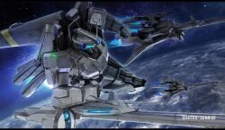beam_cannon blue_eyes copyright_logo crater energy_cannon glowing glowing_eyes gundam gundam_battle_operation_2 gundam_sentinel in_orbit machinery mecha mecha_focus mobile_suit moon official_art painting_(medium) promotional_art radar_dish realistic robot scan science_fiction space spacecraft starfighter sunrise_(company) tenjin_hidetaka thrusters traditional_media wave_rider zeta_plus
