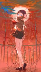 1girl blue_eyes brown_hair chain-link_fence fence full_body highres looking_at_viewer looking_back ppru rooftop school_uniform shizuku_(game) short_hair skirt sky solo tsukishima_ruriko twilight water