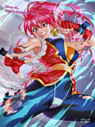 1girl android armpits bloodberry breasts clenched_hand damaged fighting_stance fingerless_gloves gloves hair_between_eyes highres large_breasts lipstick long_hair makeup mechabare medium_breasts pink_hair red_eyes red_gloves saber_marionette_j saran_wrap_(sf_seijin) solo spiked_gloves