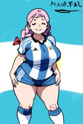 Rule 34 | 1girl, argentinian flag, argentinian flag print, bow, braid, breasts, closed eyes, flag print, jasminka antonenko, kneehighs, large breasts, little witch academia, maud fal, pink hair, plump, short shorts, shorts, smile, soccer uniform, socks, sportswear, thick thighs, thighs, twin braids