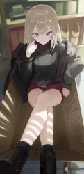 Rule 34 | 1girl, black coat, blonde hair, blue eyes, bookshelf, boots, coat, commentary, crossed legs, girls und panzer, highres, itsumi erika, kuromorimine military uniform, light rays, looking at viewer, mamaa (maeni6379), model tank, red shirt, red skirt, shirt, sitting, skirt, solo