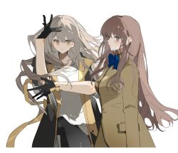 2girls black_gloves black_jacket blazer brown_eyes brown_hair brown_jacket closed_mouth crossover fate/extra fate_(series) floating_hair gloves grey_hair highres honkai:_star_rail honkai_(series) ishikawa_yui jacket kishinami_hakuno_(female) long_hair long_sleeves multiple_girls note_nii open_clothes open_jacket school_uniform shirt simple_background sleeves_rolled_up smile stelle_(honkai:_star_rail) trailblazer_(honkai:_star_rail) tsukumihara_academy_uniform_(fate/extra) voice_actor_connection white_background white_shirt