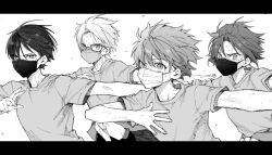 4boys akehoshi_subaru bangs_pinned_back black_border border covered_mouth ensemble_stars! flying_sweatdrops glasses greyscale hand_on_own_chest hatching_(texture) hidaka_hokuto highres isara_mao linear_hatching looking_at_viewer maki_keigo male_focus mask monochrome mouth_mask multiple_boys outstretched_arm short_sleeves simple_background sweat upper_body white_background yuuki_makoto_(ensemble_stars!)