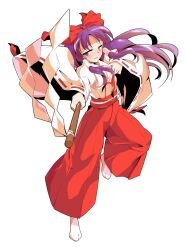 1girl alphes_(style) blush bow commentary_request dairi floating_hair full_body gohei hair_between_eyes hair_bow hair_tubes hakama hakama_pants hakurei_reimu hakurei_reimu_(pc-98) haori highres holding japanese_clothes large_variant_set long_hair long_sleeves looking_at_viewer open_mouth pants parody purple_eyes purple_hair red_bow red_hakama red_pants ribbon-trimmed_clothes ribbon-trimmed_sleeves ribbon_trim smile socks solo style_parody tachi-e touhou touhou_(pc-98) transparent_background v-shaped_eyebrows variant_set white_socks wide_sleeves
