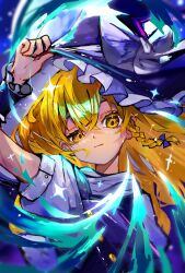 1girl black_hat black_shirt blonde_hair blurry blurry_background hat highres kirisame_marisa long_hair mere_37848 shirt solo touhou upper_body witch witch_hat yellow_eyes