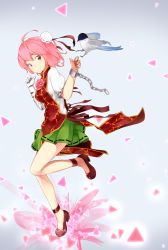 1girl ahoge bandaged_arm bandages bird blush breasts bun_cover chinese_clothes cuffs double_bun female_focus flower from_side full_body green_skirt hair_bun highres ibaraki_kasen looking_at_viewer medium_breasts ninnzinn pink_eyes pink_flower pink_hair pink_rose puffy_short_sleeves puffy_sleeves rose shackles short_hair short_sleeves skirt smile solo tabard touhou