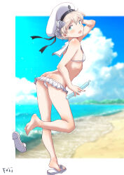 1girl aqua_eyes arm_up ass bare_shoulders bikini blurry blurry_background blush breasts butt_crack frilled_bikini frills fuji_(pixiv24804665) grey_hair highres holding kantai_collection looking_at_viewer lowleg lowleg_bikini micro_bikini open_mouth outdoors sailor_bikini sailor_collar sandals short_hair small_breasts smile solo swimsuit white_bikini z1_leberecht_maass_(kancolle)