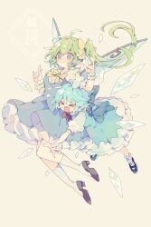 Rule 34 | &gt; &lt;, 2girls, :d, :t, \m/, absurdres, black shoes, blue bow, blue dress, blue eyes, blue hair, bow, bowtie, brown shoes, cirno, closed mouth, commentary request, daiyousei, detached wings, double \m/, dress, fairy wings, fang, frilled dress, frills, full body, green hair, hair bow, highres, hug, hug from behind, ice, ice wings, long hair, multiple girls, nikorashi-ka, open mouth, shoes, short hair, short sleeves, side ponytail, simple background, skin fang, smile, socks, touhou, watermark, white socks, wings, xd, yellow background, yellow bow, yellow bowtie