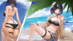 1girl absurdres bad_id bad_pixiv_id beach bikini black_bikini bob_cut breasts catfish cleavage cloud ear_piercing female_focus fish genera-x genshin_impact green_eyes halter_top_bikini halterneck highres looking_at_viewer navel off_shoulder piercing sky smile sunglasses sunglasses_on_head swimsuit thigh_strap thighs vision_(genshin_impact) yelan_(genshin_impact)