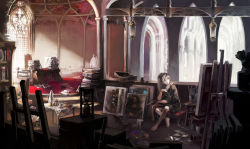 1girl aoin arch architecture art_brush barefoot blonde_hair blue_eyes book canvas_(object) church easel female_focus fine_art_parody gothic_architecture hourglass indoors mona_lisa oekaki_musume original paint paintbrush painting_(action) paint_palette parody sitting solo sunlight the_last_supper window