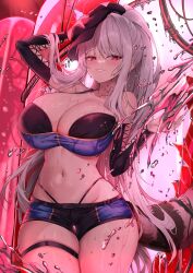 1girl absurdres bare_shoulders black_bra black_hat black_shorts blue_shirt blush bra breasts cleavage commission cowboy_shot crop_top deogho_(liujinzy9854) detached_sleeves dungeon_and_fighter grey_hair grin halterneck hands_up hat highleg highres large_breasts large_tail long_hair long_sleeves looking_at_viewer midriff navel newsboy_cap nose_blush original panty_straps parted_lips ponytail red_eyes shirt short_shorts shorts sleeveless sleeveless_shirt smile solo stomach strapless strapless_bra striped_tail tail tail_raised teeth thigh_strap thighs two-tone_shorts underwear white_hair