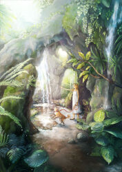 1girl absurdres animal brown_hair cave collar day dog dress fern forest grass highres holding holding_leash leaf leash long_hair moss nao1524 nature original outdoors outstretched_arm plant pointing rock sandals scenery shiba_inu sleeveless sleeveless_dress solo standing stream summer sundress sunlight tree vines water waterfall white_dress wide_shot