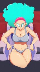 Rule 34 | 1girl, afro, artist name, blue eyes, blue hair, breasts, bulma, bulma redraw challenge (meme), chair, cleavage, collarbone, crossed legs, derivative work, dragon ball, dragonball z, ear piercing, female focus, grey panties, grey tank top, hairband, highres, large breasts, navel, panties, piercing, red hairband, screenshot redraw, sethwijez, sitting, solo, tank top, thick thighs, thighs, underwear, wide hips