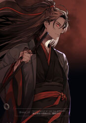 Rule 34 | 1boy, ahoge, black hair, black hanfu, brown hair, chinese clothes, closed mouth, coat, colored smoke, floating hair, flute, glowing, glowing eye, grey coat, hair ribbon, half updo, hanfu, holding, holding flute, holding instrument, instrument, jade (gemstone), long hair, long sleeves, looking to the side, male focus, modao zushi, night, official alternate costume, official alternate hairstyle, ponytail, red background, red eyes, red ribbon, red sash, red sky, red theme, ribbon, robe, sash, shade, sky, smoke, solo, standing, twitter username, watermark, wei wuxian, wei wuxian (yiling laozu), wide sleeves, wind, ykmr (haga)