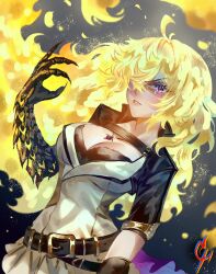 1girl absurdres ahoge belt black_background black_belt black_shirt black_shrug blonde_hair breasts brown_vest cleavage coconuthound commentary cowboy_shot english_commentary eyelashes fiery_hair hair_over_one_eye highres jacket jewelry large_breasts leather long_hair looking_at_viewer monsterification necklace parted_lips purple_eyes rwby shirt shrug_(clothing) signature three-quarter_sleeves slit_pupils solo underwear very_long_hair vest yang_xiao_long