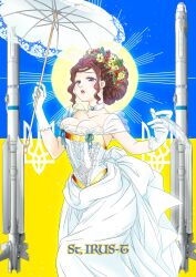 1girl bare_shoulders blue_eyes blush braid braided_bangs breasts brown_hair choker cleavage corset dress elbow_gloves flower frilled_corset frilled_dress frills gloves hair_flower hair_ornament hat highres holding holding_umbrella iris-t japanon jewelry large_breasts long_hair looking_at_viewer mole non-web_source open_mouth original parasol pink_lips russo-ukrainian_war sidelocks solo st_iris-t teeth tryzub ukrainian_flag umbrella white_dress white_gloves