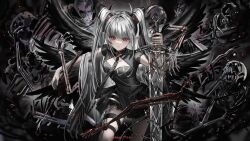 Rule 34 | 1girl, absurdres, black dress, blood, bloody weapon, blunt bangs, bone, breasts, brooch, cleavage cutout, clothing cutout, covered navel, cross-shaped pupils, dress, gawako, grey hair, half-closed eye, highres, holding, holding sword, holding weapon, horns, jewelry, knife, long hair, looking at viewer, necktie, original, parted lips, pointy ears, red brooch, red hair, short sleeves, sidelocks, skeleton, solo, sword, symbol-shaped pupils, teeth, thigh strap, twintails, valentina (gawako), weapon