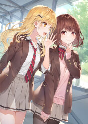 1boy 1girl ano_ko_wa_kawaii_otoko_no_ko ayase_aya_(ano_ko_wa_kawaii_otoko_no_ko) bare_legs black_pantyhose blazer blonde_hair blue_sky bob_cut bow bowtie brown_eyes brown_hair cardigan clenched_hands cloud cover cover_page crossdressing dutch_angle flat_chest hair_ornament hairclip hand_to_own_mouth highres jacket jewelry kiwada_hiroto long_hair looking_at_another mmu necklace necktie novel_cover official_art open_clothes open_jacket open_mouth pantyhose pleated_skirt ring school_uniform shelter shirt skirt sky smile trap tree white_shirt wig yellow_eyes
