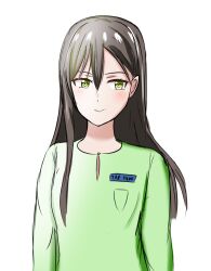 1girl baju_kurung bang_dream! brown_hair closed_mouth green_eyes green_shirt hanazono_tae highres long_hair long_sleeves looking_at_viewer malaysian_clothes malaysian_secondary_school_uniform manziqr name_tag school_uniform shirt smile solo