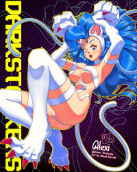 Rule 34 | 1girl, alexi ansell, animal ears, animal focus, armpits, ass, blue eyes, blue hair, breasts, cat ears, cat tail, darkstalkers, felicia (darkstalkers), large breasts, long hair, tail, thong, very long hair, white fur