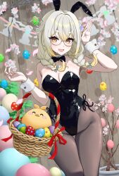 1girl absurdres animal_ears azuki_(azuki_azukki) basket bird black_bow black_bowtie black_leotard blonde_hair blue_bow bow bowtie braid breasts cleavage collar detached_collar easter_egg egg falling_petals fence grey_hair hair_bow highres holding holding_basket indie_virtual_youtuber kanna_yanagi leotard multicolored_hair pantyhose petals pink_petals playboy_bunny rabbit_ears second-party_source short_eyebrows solo strapless strapless_leotard streaked_hair thigh_gap twin_braids virtual_youtuber white_collar white_wrist_cuffs wrist_cuffs