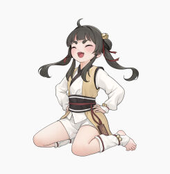1girl :d ^_^ ahoge bell blush closed_eyes fangs full_body grey_background hair_bell hair_ornament hands_on_own_hips highres japanese_clothes jingle_bell kimono long_sleeves no_shoes obi open_mouth original puffy_long_sleeves puffy_sleeves sash shiro_piazi shorts simple_background sitting sleeves_past_wrists smile socks solo stirrup_legwear toeless_legwear twintails wariza white_kimono white_shorts white_socks