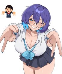 1girl blue_eyes blue_hair breasts cleavage commentary double_v glass grin highres irasutoya large_breasts looking_at_viewer meru_(twt_zet) mole mole_on_breast one_eye_closed original pleated_skirt round_eyewear school_uniform short_hair simple_background skirt smile solo symbol-only_commentary teeth v zet_(twt_zet)