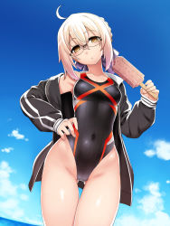 1girl ahoge artoria_pendragon_(fate) black_jacket black_one-piece_swimsuit blue_sky breasts cloud commentary_request competition_swimsuit covered_navel cowboy_shot day fate/grand_order fate_(series) food glasses gluteal_fold groin hand_on_own_hip highleg highleg_one-piece_swimsuit highres holding jacket mysterious_heroine_x_alter_(fate) namonashi one-piece_swimsuit open_clothes open_jacket outdoors popsicle sky small_breasts solo standing swimsuit