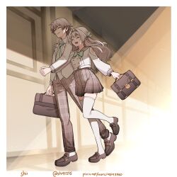 Rule 34 | 1boy, 1girl, alternate costume, artist name, bag, black hairband, black shoes, blazer, bow, bowtie, buttons, caelus (honkai: star rail), closed eyes, collared shirt, commentary, double-breasted, english commentary, firefly (honkai: star rail), firefly (spring missive) (honkai: star rail), green bow, green bowtie, green necktie, grey hair, grey jacket, grey pants, grey skirt, grin, hairband, highres, holding, holding bag, holding hands, honkai: star rail, honkai (series), interlocked fingers, jacket, loafers, long hair, long sleeves, necktie, official alternate costume, open clothes, open jacket, open mouth, pants, pixiv id, plaid clothes, plaid pants, plaid skirt, pleated skirt, school bag, shi (shi4557), shirt, shoes, skindentation, skirt, smile, thighhighs, trailblazer (honkai: star rail), twitter username, white shirt, white thighhighs, zettai ryouiki