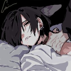 Rule 34 | 2boys, animal ears, bed sheet, black background, black eyes, black hair, chino (sky tanosi), commentary request, crying, crying with eyes open, dog boy, dog ears, drooling, ear piercing, hair over one eye, lying, male focus, multiple boys, on back, original, parted lips, piercing, reverse ryona, saliva, shirt, short hair, simple background, strangling, tears, upper body, white shirt, yaoi