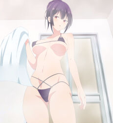 1girl absurdres anime_screenshot bikini black_bikini breasts cowboy_shot female_focus gluteal_fold haite_kudasai_takamine-san highres holding holding_towel indoors large_breasts micro_bikini o-ring o-ring_bikini o-ring_bottom parted_lips purple_hair red_eyes short_hair sidelocks solo stitched swimsuit takamine_takane thighs third-party_edit towel