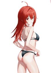1girl :o absurdres ahoge ass back bikini bikini_bottom_pull black_bikini blush breasts cowboy_shot crossed_bangs eris_greyrat from_behind hair_between_eyes halterneck highres kuonxv long_hair looking_at_viewer looking_back medium_breasts mushoku_tensei red_eyes red_hair shoulder_blades simple_background solo string_bikini swimsuit thighs white_background