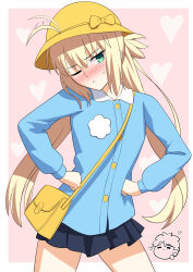 1girl absurdres ahoge artoria_caster_(fate) artoria_pendragon_(fate) bag besmiled blonde_hair blush fate/grand_order fate_(series) fujimaru_ritsuka_(male) green_eyes hands_on_own_hips hat heart highres kindergarten_bag kindergarten_uniform school_hat school_uniform shy skirt sweatdrop twintails yellow_hat