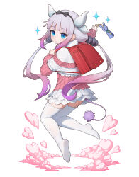 1girl absurdres backpack bag bag_charm beads black_bow black_hairband blue_eyes blunt_bangs blush bow capelet charm_(object) child closed_mouth commentary dead_10001 dragon_girl dragon_horns dress frilled_capelet frills full_body gradient_hair hair_beads hair_bow hair_ornament hairband heart highres holding holding_strap horns kanna_kamui kobayashi-san_chi_no_maidragon long_hair long_sleeves looking_at_viewer looking_back low_twintails microdress multicolored_hair no_shoes outstretched_arm panties pink_dress pink_hair purple_hair randoseru red_bag short_dress sidelocks simple_background solo sparkle tail thighhighs transparent_background twintails underwear white_background white_capelet white_panties white_thighhighs zettai_ryouiki