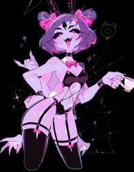 1girl animal_ears arthropod_girl beckoning bow breasts cleavage colored_skin cup detached_collar extra_arms extra_eyes fake_animal_ears fake_tail fangs hair_bow hand_on_own_hip highres insect_girl leotard monster_girl muffet naughty_face nontraditional_playboy_bunny open_mouth playboy_bunny purple_skin rabbit_ears rabbit_tail silk solo spider_girl spider_web tail teacup tongue tongue_out undertale usa37107692