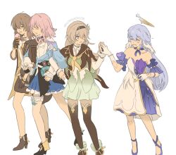 4girls aqua_dress artist_name bare_shoulders black_boots black_choker black_coat black_gloves black_hairband black_jacket black_shoes black_skirt black_thighhighs blue_choker blue_dress blue_eyes blue_hair blue_jacket blue_shoes blue_skirt blush boots bracelet buttons camera choker closed_eyes closed_mouth coat collared_shirt commentary detached_sleeves dress earrings eating english_commentary feathered_wings fingerless_gloves firefly_(honkai:_star_rail) flower_ornament food full_body gem gloves gold_ring hair_between_eyes hair_ornament hair_over_one_eye hairband halo hand_up head_wings high_heels holding holding_food holding_ice_cream honkai:_star_rail honkai_(series) ice_cream jacket jewelry korshokor lapels leaf_hair_ornament locked_arms long_sleeves looking_at_another march_7th_(honkai:_star_rail) march_7th_(preservation)_(honkai:_star_rail) multiple_girls musical_note_ornament neckerchief open_clothes open_coat open_jacket open_mouth pearl_(gemstone) pearl_bracelet pink_hair pleated_skirt puffy_long_sleeves puffy_sleeves robin_(honkai:_star_rail) sailor_collar shirt shoes short_hair short_sleeves sidelocks simple_background single_earring single_glove skirt sleeveless sleeveless_dress smile standing star_ornament stelle_(honkai:_star_rail) t-shirt thighhighs tied_jacket trailblazer_(honkai:_star_rail) two-sided_coat two-sided_fabric two-tone_dress white_background white_dress white_gloves wings yellow_coat yellow_eyes yellow_neckerchief yuri