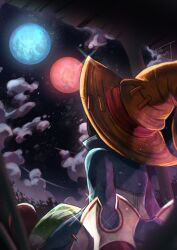 1boy absurdres artist_name black_mage_(final_fantasy) blue_coat blue_moon boots brown_boots coat final_fantasy final_fantasy_ix full_moon hat highres looking_up male_focus moon night night_sky pants puffy_pants red_moon sitting sky solo striped_clothes striped_pants vivi_ornitier watawata22 wizard_hat