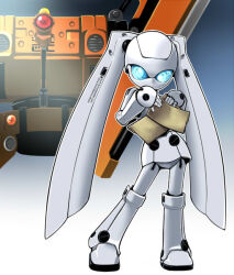 Rule 34 | 1girl, blue eyes, blue sclera, colored sclera, colored skin, drossel von flugel, extra legs, fireball (series), gedachtnis, humanoid robot, joints, mechanical hair, no mouth, non-humanoid robot, robot, robot girl, robot joints, santoo takeshi, twintails, white skin
