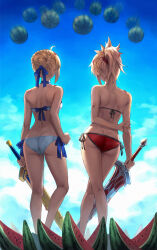 2girls artoria_pendragon_(fate) artoria_pendragon_(swimsuit_archer)_(fate) artoria_pendragon_(swimsuit_archer)_(first_ascension)_(fate) ass back bare_shoulders bikini blonde_hair blue_sky braid breasts clarent_(fate) commentary excalibur_(fate/stay_night) fate/grand_order fate_(series) feet_out_of_frame food from_behind fruit hair_bun hair_ribbon halterneck highres holding_own_arm long_hair mordred_(fate) mordred_(swimsuit_rider)_(fate) mordred_(swimsuit_rider)_(first_ascension)_(fate) mother_and_daughter multiple_girls outdoors ponytail projectile red_bikini ribbon side-tie_bikini_bottom sidelocks sky small_breasts string_bikini suikawari swimsuit sword thighs tonee watermelon watermelon_slice weapon white_bikini