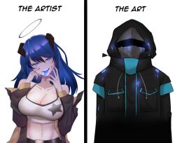 1girl 1other abineko arknights bare_shoulders black_halo black_horns black_jacket blue_eyes blue_hair blue_tongue breasts camisole cleavage collarbone colored_tongue come_hither crop_top doctor_(arknights) english_text fingernails groin hair_between_eyes halo hands_on_own_cheeks hands_on_own_face highres hood hood_up hooded_jacket horns jacket large_breasts long_hair long_sleeves looking_at_viewer meme midriff mostima_(arknights) navel off_shoulder simple_background smile spaghetti_strap tongue tongue_out traditional_halo white_background white_camisole
