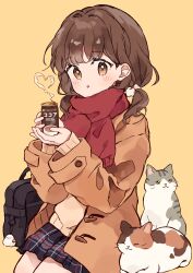 1girl absurdres animal_charm bag blush brown_coat brown_hair brown_sweater can cat charm_(object) choppy_bangs coat commentary_request cowboy_shot english_text hair_intakes highres holding holding_can ibispaint_(medium) long_hair long_sleeves looking_at_viewer low_twintails napo_(napo_illust) orange_background orange_eyes original parted_lips plaid_clothes plaid_skirt pleated_skirt purple_skirt red_scarf scarf school_bag simple_background sitting skirt solo steam steaming_food sweater twintails wavy_hair