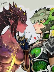2girls absurdres alternate_costume armor blonde_hair breasts cleavage_cutout clenched_hand clothing_cutout collarbone colored_sclera colored_skin dragon_girl dragon_horns dragon_symmetra dragoon dragoon_mercy earrings eyeshadow gauntlets glaring glowing_horns glowing_skin green_armor green_eyes green_eyeshadow grey_background heart helm helmet highres hoop_earrings horns jewelry leaning_forward light_smile looking_at_another makeup mechanical_arms medium_breasts medium_hair mercy_(overwatch) multiple_girls nervous_smile no_nipples official_alternate_costume overwatch overwatch_1 pauldrons pointy_ears profile red_skin scale_armor scales shoulder_armor simple_background single_mechanical_arm smile stud_earrings sweat symmetra_(overwatch) upper_body user_tucj7384 yellow_eyes yellow_sclera