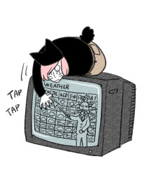 1boy animal_hat cat_boy cat_hat cat_tail claws commentary_request crt facial_mark full_body hair_over_one_eye hat male_focus nyen_(randal&#039;s_friends) pink_hair randal&#039;s_friends short_hair simple_background solo tail television tsukasa_(tsukasa_mimizuku) weather_forecast whisker_markings white_background