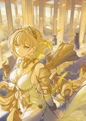 1girl aglaea_(honkai:_star_rail) ancient_greek_clothes architecture blonde_hair breast_tattoo breasts cleavage commentary dress english_commentary falling_leaves flower garmentmaker_(honkai:_star_rail) gold_tattoo greco-roman_architecture greco-roman_clothes green_eyes hair_flower hair_ornament highres honkai:_star_rail honkai_(series) large_breasts laurel_crown leaf mannequin redfield09 short_hair solo statue stone_pillar tattoo white_dress