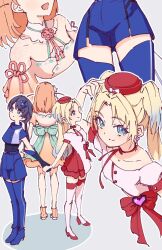 3girls aoku_haruka/flower bare_shoulders blonde_hair blue_boots blue_gloves blue_hair blue_shirt blue_shorts boots bow breasts closed_mouth collarbone commentary cropped_torso dress elbow_gloves flower_knot frilled_dress frills full_body gloves gradient_clothes gradient_dress gradient_hair grey_background halter_dress halterneck hashtag-only_commentary hat hat_bow heart high_heel_boots high_heels highres hinoshita_kaho holding_hands ladybug/beauty_(love_live!) lao_ren_xing link!_like!_love_live! long_hair love_live! low_ponytail medium_breasts medium_hair miracreation/elegance multicolored_hair multiple_girls multiple_views murano_sayaka off-shoulder_dress off_shoulder official_alternate_costume orange_boots orange_dress orange_hair osawa_rurino outline pixel_heart pleated_shorts ponytail puffy_short_sleeves puffy_sleeves red_boots red_hat shirt short_shorts short_sleeves shorts simple_background standing thigh_boots thighs twintails two_side_up virtual_youtuber white_boots white_dress white_outline