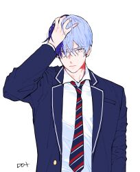 Rule 34 | 1boy, aoyagi touya, artist name, blazer, blue eyes, blue hair, closed mouth, hair between eyes, hand in own hair, hand on own head, highres, jacket, looking at viewer, male focus, mole, mole under eye, multicolored hair, necktie, project sekai, school uniform, shirt, short hair, simple background, solo, split-color hair, striped necktie, to dot , two-tone hair, upper body, white background, white shirt