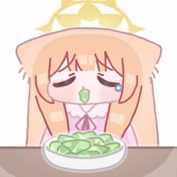 1girl animal_ears animated animated_gif blue_archive blunt_bangs blush bowl chibi closed_eyes closed_mouth commentary_request eating food halo horuhara korean_commentary long_hair mari_(blue_archive) mouth_hold neck_ribbon no_nose orange_hair pajamas pink_pajamas polka_dot polka_dot_pajamas ribbon solo tearing_up upper_body yellow_halo