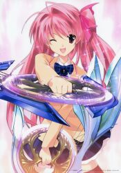 absurdres antenna_hair black_thighhighs blazer bow bowtie brown_jacket chaos;head collared_shirt d-sword dual_wielding ears_visible_through_hair facing_viewer furrowed_brow hair_between_eyes highres holding holding_sword holding_weapon jacket lapels long_hair looking_at_viewer necktie notched_lapels official_art one_eye_closed one_side_up outstretched_arm petticoat pink_eyes pink_hair plaid_bow plaid_bowtie plaid_clothes plaid_necktie plaid_skirt pleated_skirt purple_bow purple_bowtie purple_skirt sakihata_rimi sasaki_mutsumi school_uniform shirt side_ponytail skirt smile suimei_academy suimei_school_uniform sword thick_thighs thighhighs thighs weapon white_petticoat white_shirt