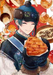 :t blue_hair chashibu closed_eyes coat eating food hat highres holding holding_food jade_leech mittens mushroom pie short_hair smile soup twisted_wonderland upper_body